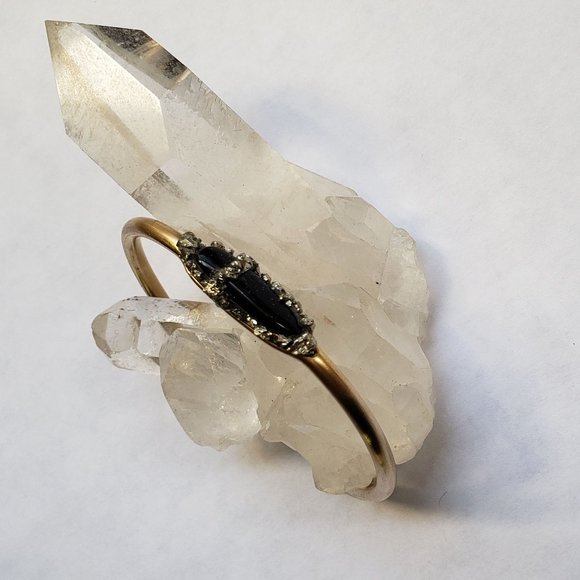 Brass Cuff with Obsidian Stone and Pyrite - Style: BR-218 - Picture 2 of 3